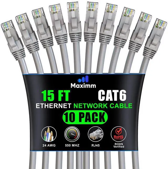 Main image of Maximm Cat6 Ethernet Cable 15 Ft Gray (10-Pack), 10Gbps 550MHz UTP Cord