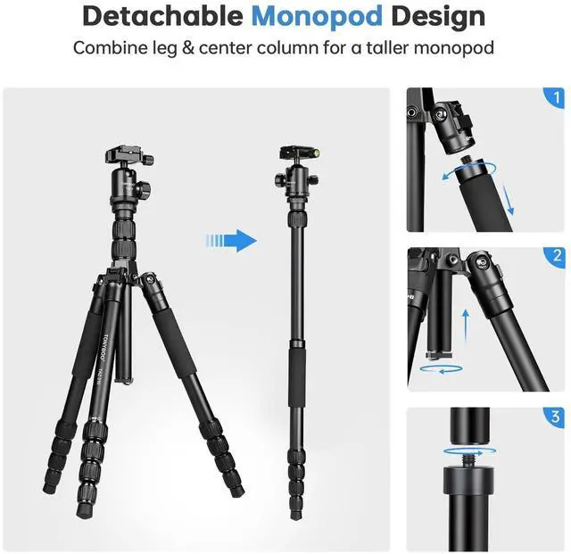 Alt view image 5 of 5 - TONYBOO 61.5" Camera Tripod, Heavy Duty Travel Tripod Monopod for Camera, Reversible Lightweight Tripod Stand with 360 Ball Head,Max Load 22lbs/10kg for DSLR Mirrorless Camcorders Phone