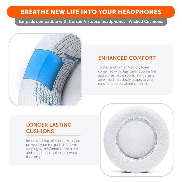 Alt view image 4 of 5 - WC Freeze Virtuoso - Hybrid Fabric Cooling Gel Replacement Earpads for Corsair Virtuoso Gaming Headset, Made by Wicked Cushions, Improved Durability, Thickness and Sound Isolation ^^ Ivory Tide