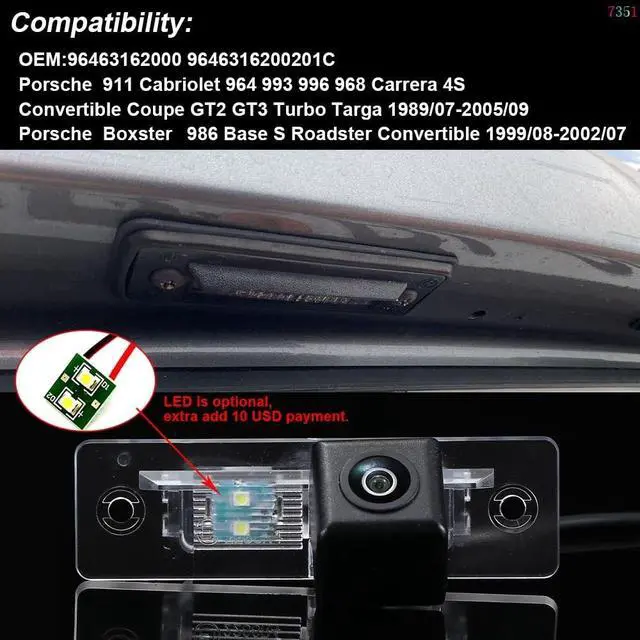 Alt view image 2 of 5 - Car Night Vision Backup Camera,Waterproof License Plate Rear View Camera Replacement for Porsche 911 Cabriolet 964 993 996 968 Carrera 4S Convertible Coupe GT2 GT3 Turbo Targa 1989/07-2005/09