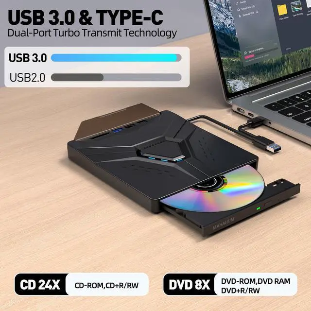 Alt view image 3 of 5 - MAHAHUM External CD/DVD Drive for Laptop Mac USB 3.0 & Type-C 8-in-1 Portable DVD Player/Burner, Plug & Play with Carrying Case Compatible with Desktop PC Windows 11/10/8, Linux Mac OS MacBook Pro/Air