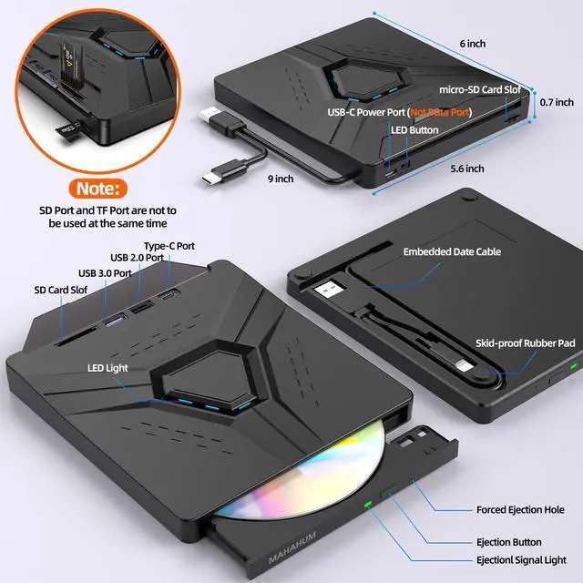 Alt view image 4 of 5 - MAHAHUM External CD/DVD Drive for Laptop Mac USB 3.0 & Type-C 8-in-1 Portable DVD Player/Burner, Plug & Play with Carrying Case Compatible with Desktop PC Windows 11/10/8, Linux Mac OS MacBook Pro/Air