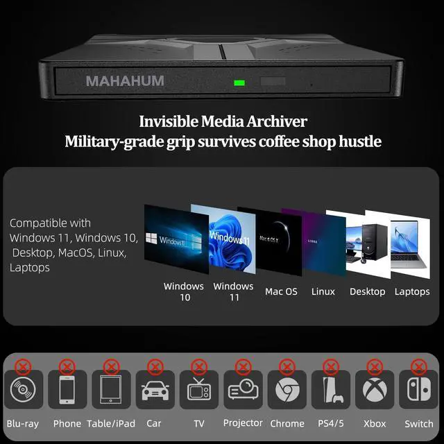 Alt view image 5 of 5 - MAHAHUM External CD/DVD Drive for Laptop Mac USB 3.0 & Type-C 8-in-1 Portable DVD Player/Burner, Plug & Play with Carrying Case Compatible with Desktop PC Windows 11/10/8, Linux Mac OS MacBook Pro/Air