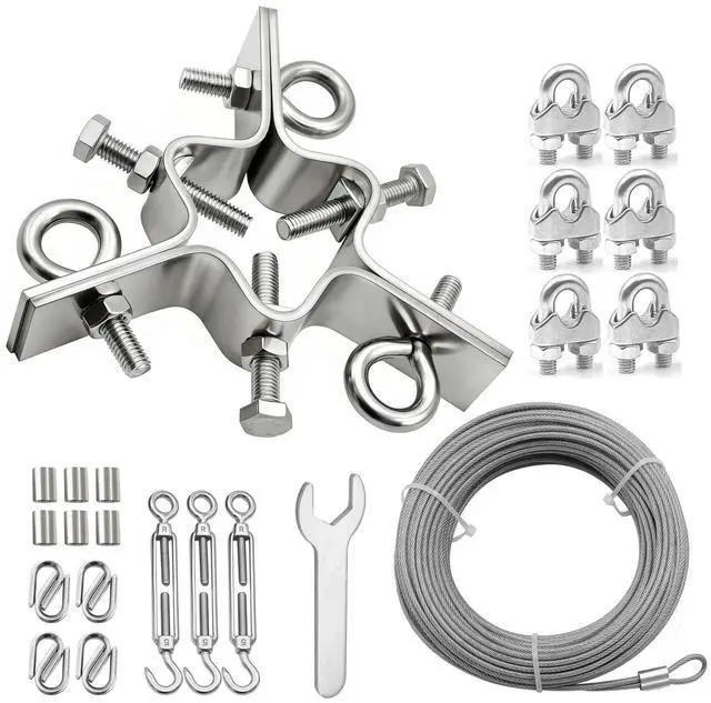 Main image of 3 Way Down Guy Wire Ring Kit with 100ft Wires & Mount Accessaries, 3-Way Guying Antenna Mast Clamp, Fits Masts up to 2.4",Heavy Duty Stainless Steel