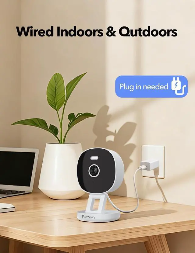 Alt view image 2 of 5 - FAMVIVA 2K Wired Security Camera, Indoor/Outdoor for Home, Pet, Baby, Nanny, IP65 Waterproof Color Night Vision, White Light & Siren, Recording, Motion Detection, Works with Alexa, Plug in, White-2P