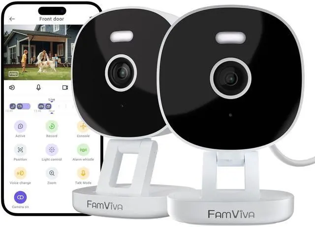 Main image of FAMVIVA 2K Wired Security Camera, Indoor/Outdoor for Home, Pet, Baby, Nanny, IP65 Waterproof Color Night Vision, White Light & Siren, Recording, Motion Detection, Works with Alexa, Plug in, White-2P