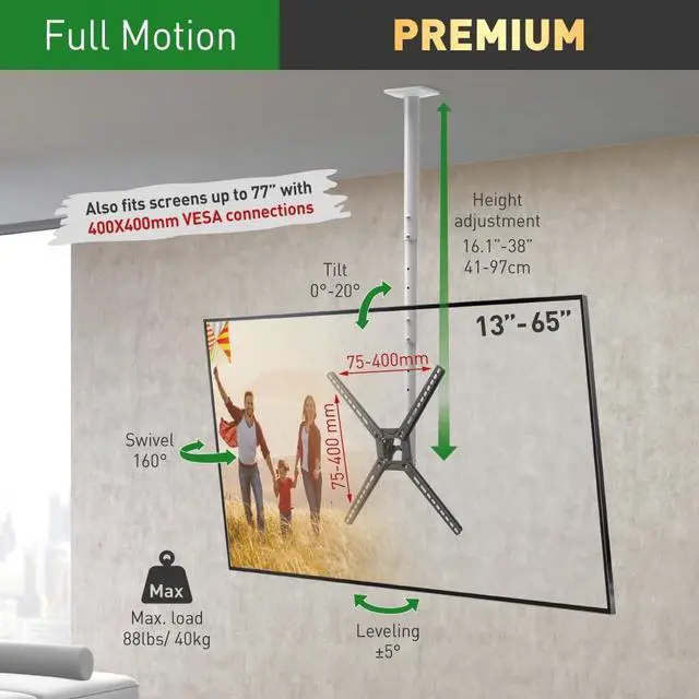 Alt view image 2 of 5 - Barkan 38'' Long White TV Ceiling Mount, 13-65 inch Full Motion - 3 Movement Flat/Curved Screen Bracket Holds up to 88lbs, Telescopic Height Adjustment, Fits LED OLED LCD