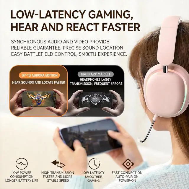 Alt view image 3 of 5 - DHBY Active Noise Cancellation Bluetooth Headset On Ear Painless Wear Foldable Rotatable Design Lightweight Dual Device Connectivity Detachable Gaming Mic-SY-T3 Pink