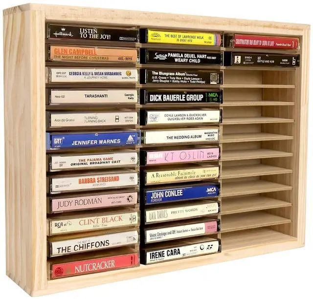 Main image of Waratah Designs Cassette Tape Storage Rack, 36-slot Wood Cassette Tape Holder, Wall Mount or Freestanding Audio Cassette Organizer, Playing Card Storage, Unfinished Pine