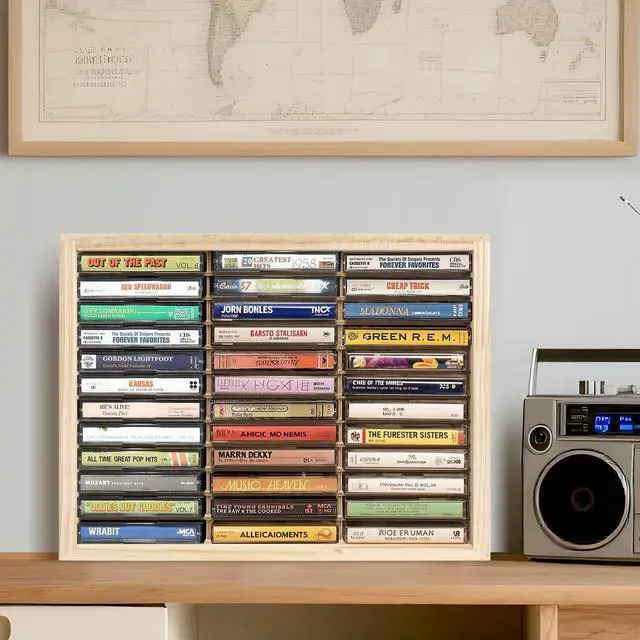 Alt view image 2 of 5 - Waratah Designs Cassette Tape Storage Rack, 36-slot Wood Cassette Tape Holder, Wall Mount or Freestanding Audio Cassette Organizer, Playing Card Storage, Unfinished Pine