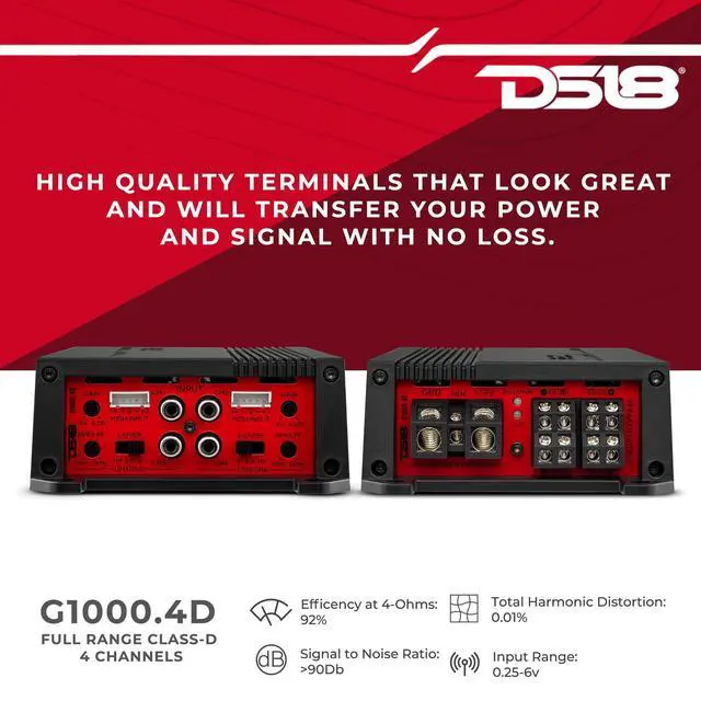 Alt view image 3 of 5 - DS18 G1000.4D Car Amplifier GEN-X Full-Range Class D 4-Channel 1000 Watts Max Power 2/4 Ohm Stable, Bridgeable, High/Low Pass Filter - Small Compact Amp for Speakers in Car Audio System