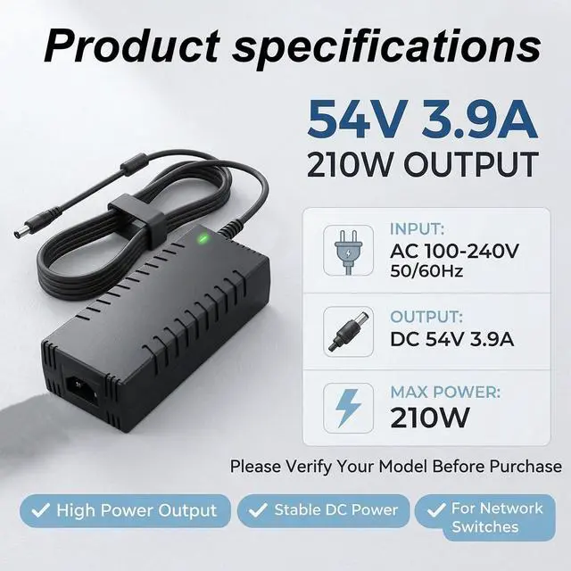 Alt view image 3 of 5 - 54V 3.9A 210W Power Adapter Compatible with UniFi XG 6 PoE US-XG-6POE and USW-Ultra-210W, Replacement for ADS-210NX-48-1 540210E ADS-210NX-48-1540210E
