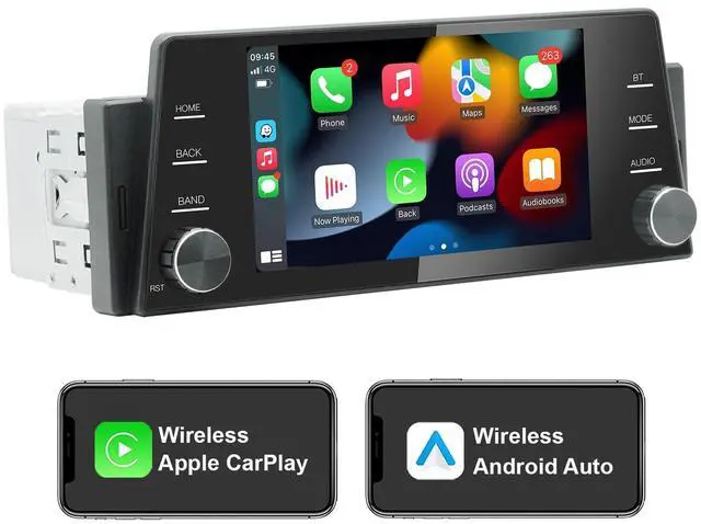 Main image of Single Din Touchscreen Radio Wireless/Wired CarPlay & Android Auto, HD IPS Touchscreen Car Stereo Single Din with Bluetooth 5.4, Mirror Link, Volume Knob, FM/SWC/EQ/USB