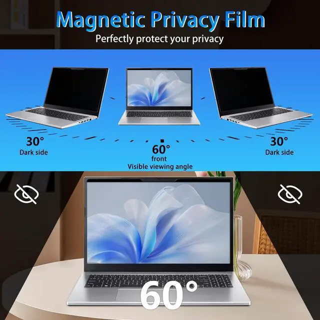 Alt view image 2 of 5 - VanHooc Magnetic Privacy Screen 13.3" 16:10 for Laptops - 2-Sided Removable Anti-Peeping/Anti-Glare, Blue Light Block, UV Protect, Reduce Strain, Fits Chromebook/Lenovo/HP/Dell/Acer/ASU