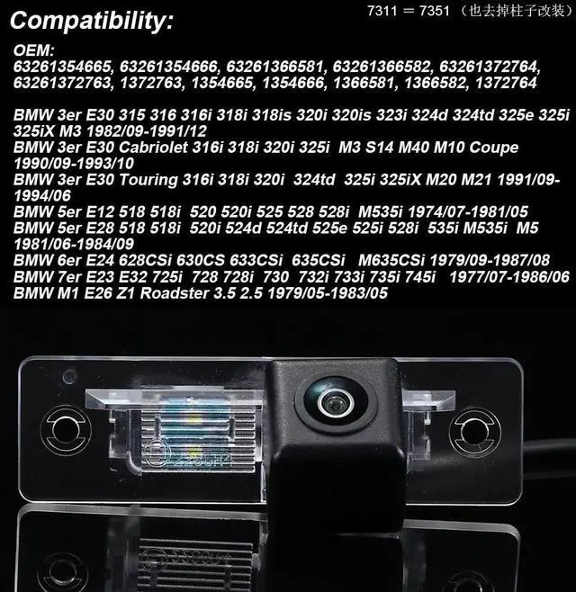 Alt view image 2 of 5 - HD Waterproof Car Rear View Backup Camera, for BMW 3er E30 315 316/Cabriolet 316i 318i 320i 325i/Touring 316i 318i 320i 324td 325i 325iX M20 M21/5er E12/E28/6er E24/7er E23 E32