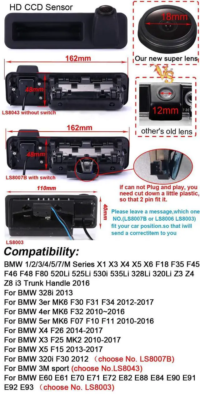 Alt view image 2 of 5 - HD 1280x720 Pixels Night Vision Car Trunk Handle Rear View Backup Camera Replacement for BMW 1/2/3/4/5/7/M Series X1 X3 X4 X5 X6 F18 F35 F45 F46 F48 F80 (NO.LS8007B=162 * 48mm with Switch Button)