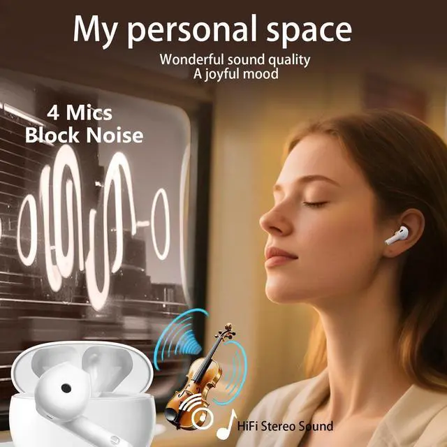 Alt view image 3 of 5 - Wireless Earbuds with Mic Noise Cancelling Bluetooth 5.3 Headphones 40H Playtime Hi-Fi Stereo Sound IPX7 Waterproof