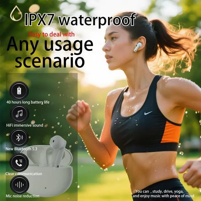 Alt view image 4 of 5 - Wireless Earbuds with Mic Noise Cancelling Bluetooth 5.3 Headphones 40H Playtime Hi-Fi Stereo Sound IPX7 Waterproof