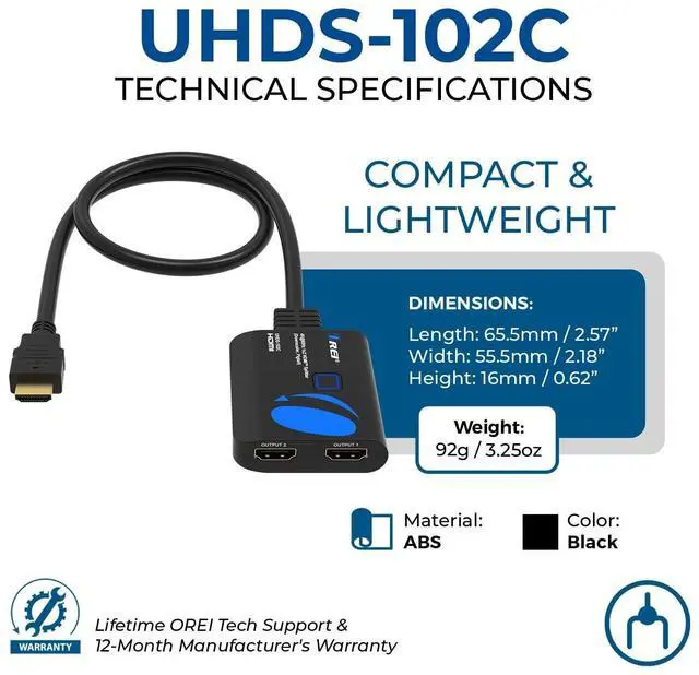 Alt view image 5 of 5 - OREI 4K HDMI Splitter 1 in 2 Out 4:4:4 8-bit - HDCP 2.2, 18 Gbps, 4K@60Hz HDMI Duplicator/Distributor UltaHD High-Resolution Down Scaler - UHDS-102C
