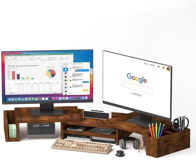 Main image of Wood Dual Monitor Stand Riser, Desk Organizers and Accessories with Storage Pen Holders, Adjustable Length and Angle 3 Shelf Extra Long 46" Desktop Organizer for 2 Monitors, Computer, Laptop, TV,Rusti