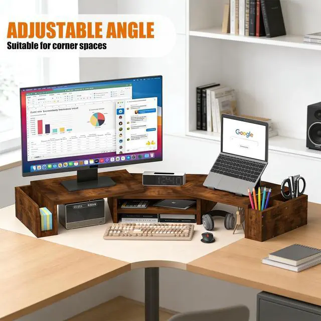 Alt view image 3 of 5 - Wood Dual Monitor Stand Riser, Desk Organizers and Accessories with Storage Pen Holders, Adjustable Length and Angle 3 Shelf Extra Long 46" Desktop Organizer for 2 Monitors, Computer, Laptop, TV,Rusti
