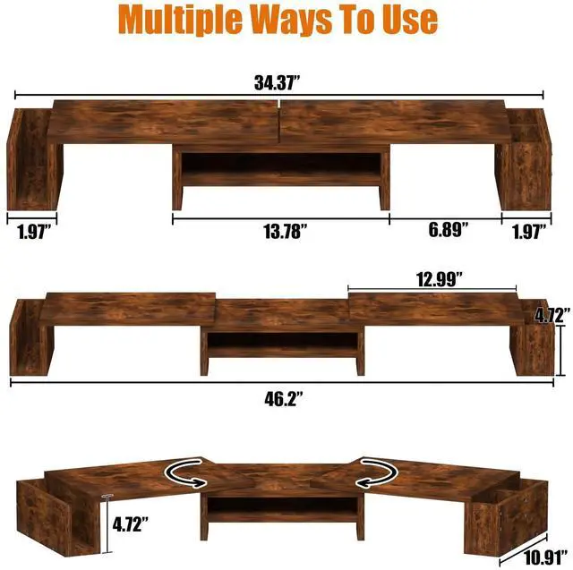 Alt view image 2 of 5 - Wood Dual Monitor Stand Riser, Desk Organizers and Accessories with Storage Pen Holders, Adjustable Length and Angle 3 Shelf Extra Long 46" Desktop Organizer for 2 Monitors, Computer, Laptop, TV,Rusti