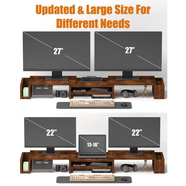 Alt view image 5 of 5 - Wood Dual Monitor Stand Riser, Desk Organizers and Accessories with Storage Pen Holders, Adjustable Length and Angle 3 Shelf Extra Long 46" Desktop Organizer for 2 Monitors, Computer, Laptop, TV,Rusti