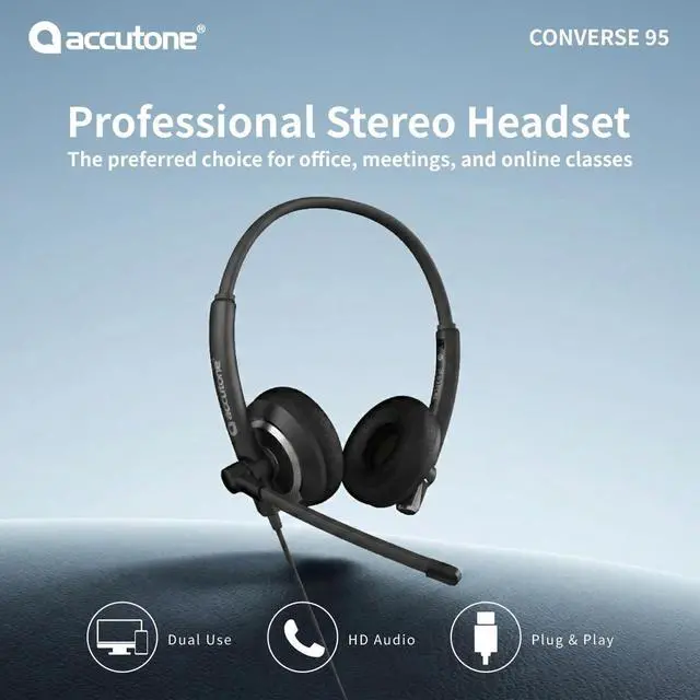 Alt view image 3 of 5 - Accutone Conversation 95 USB Computer Headset with Microphone for Work, Noise Cancelling Wired Headset with Sidetone for Office & PC, Simple USB-C and Included USB-A Adapter