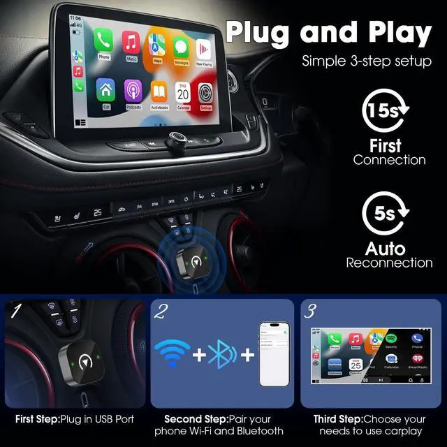 Alt view image 4 of 5 - Wireless Carplay Adapter & Android Auto 2026 Upgrade Wired CarPlay to Wireless,2-in-1 Mini USB Design with Fast Stable Connection Car Play for Apple iOS 10+, Android 11+ Version