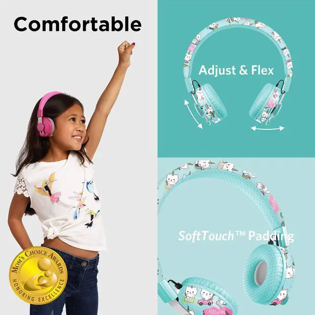 Alt view image 2 of 5 - LilGadgets Untangled Pro Kids On-Ear Headphones - Bluetooth Wireless Headphones Volume-Limited to 93 dB with Built-in Sharing Port (Rainbow Cat)