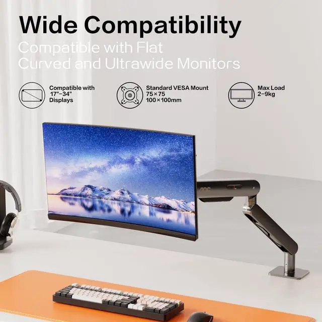 Alt view image 2 of 5 - AOC AM400PLUS Premium Aluminum Single Monitor Arm, Mechanical Spring, 1734 Inch, 4.419.8 lbs, VESA 75x75/100x100, C-Clamp, Quick Install Desk Mount with Cable Management (Gray)