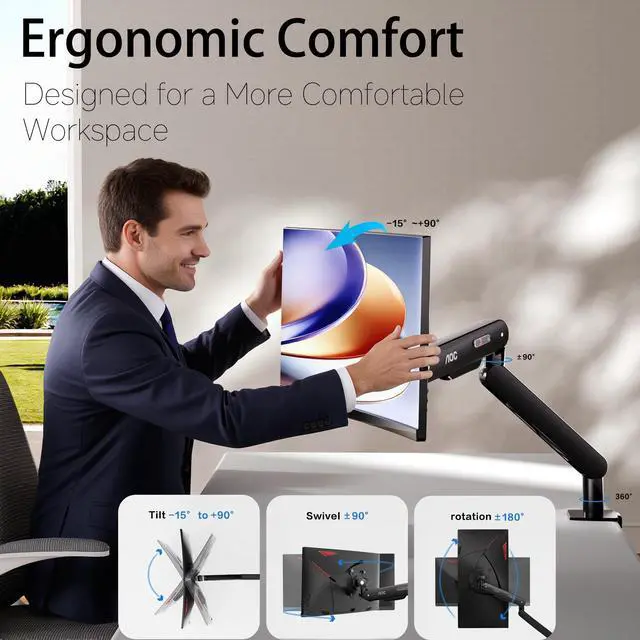 Alt view image 3 of 5 - AOC AM400PLUS Premium Aluminum Single Monitor Arm, Mechanical Spring, 1734 Inch, 4.419.8 lbs, VESA 75x75/100x100, C-Clamp, Quick Install Desk Mount with Cable Management (Gray)