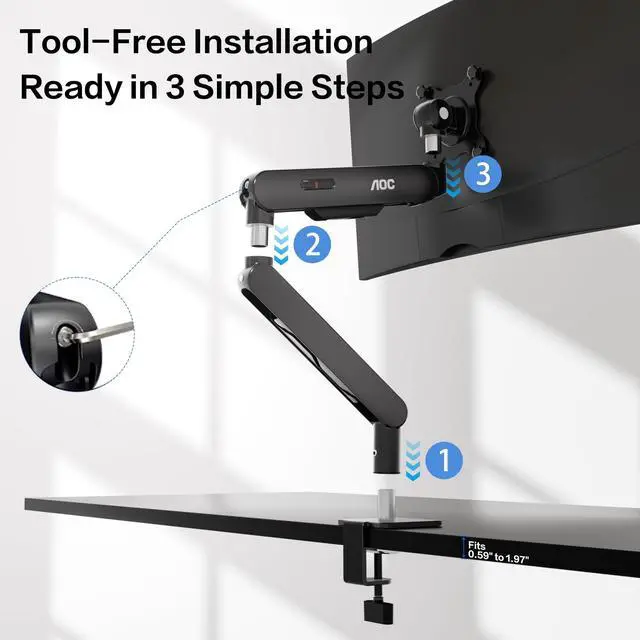 Alt view image 4 of 5 - AOC AM400PLUS Premium Aluminum Single Monitor Arm, Mechanical Spring, 1734 Inch, 4.419.8 lbs, VESA 75x75/100x100, C-Clamp, Quick Install Desk Mount with Cable Management (Gray)