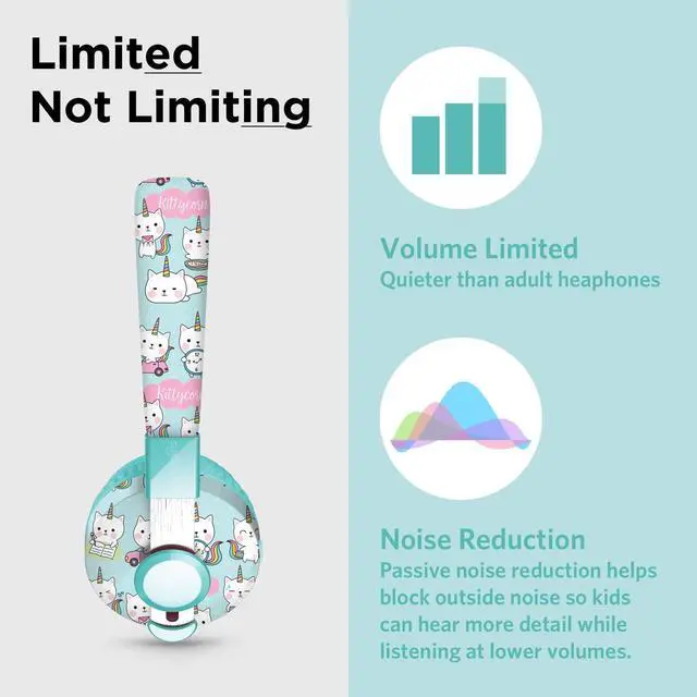 Alt view image 4 of 5 - LilGadgets Untangled Pro Kids On-Ear Headphones - Bluetooth Wireless Headphones Volume-Limited to 93 dB with Built-in Sharing Port (Rainbow Cat)