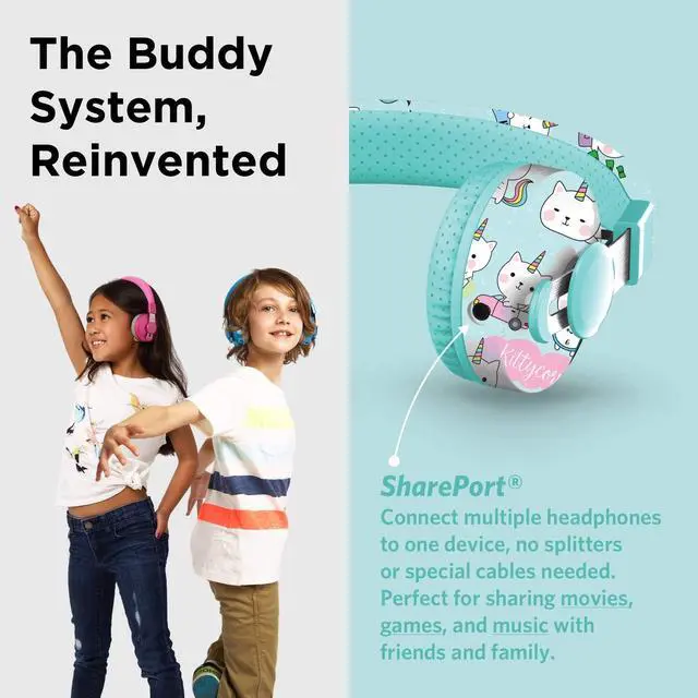 Alt view image 5 of 5 - LilGadgets Untangled Pro Kids On-Ear Headphones - Bluetooth Wireless Headphones Volume-Limited to 93 dB with Built-in Sharing Port (Rainbow Cat)