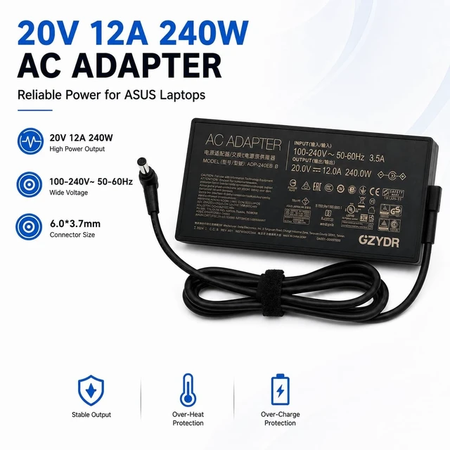 Alt view image 3 of 4 - 20V 12A A20-240P1A ADP-240EB B AC Adapter Power Supply 240W for ASUS ROG Zephyrus Duo 15 GX550LXS, M16 GU603HM, ROG Zephyrus G14 G15 G16 S15 S17 G533 G533QS G733QM GA4A01Q Gaming Laptop Charger