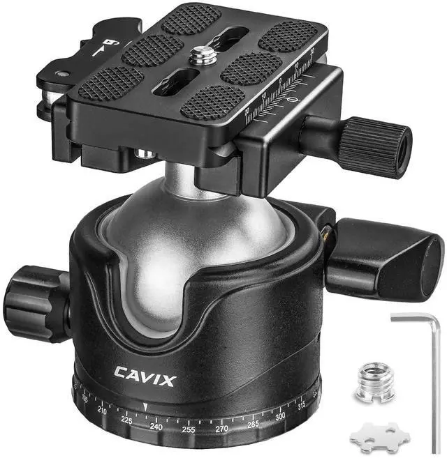 Main image of CAVIX Lever Tripod Ball Head, Low Gravity Metal Ball Head Camera Tripod Head 44lbs/20kg Load, Panoramic Ball Head, with 1/4" Arca Swiss Quick Release Plate for Tripod, Monopod, DSLR, Camera(H-46F).