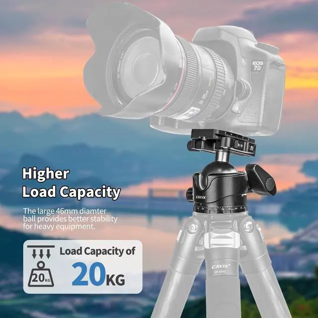 Alt view image 2 of 5 - CAVIX Lever Tripod Ball Head, Low Gravity Metal Ball Head Camera Tripod Head 44lbs/20kg Load, Panoramic Ball Head, with 1/4" Arca Swiss Quick Release Plate for Tripod, Monopod, DSLR, Camera(H-46F).
