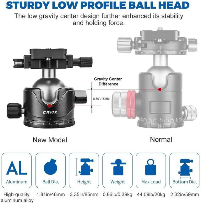 Alt view image 3 of 5 - CAVIX Lever Tripod Ball Head, Low Gravity Metal Ball Head Camera Tripod Head 44lbs/20kg Load, Panoramic Ball Head, with 1/4" Arca Swiss Quick Release Plate for Tripod, Monopod, DSLR, Camera(H-46F).