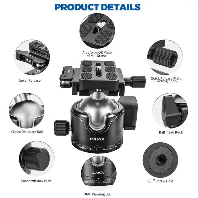 Alt view image 4 of 5 - CAVIX Lever Tripod Ball Head, Low Gravity Metal Ball Head Camera Tripod Head 44lbs/20kg Load, Panoramic Ball Head, with 1/4" Arca Swiss Quick Release Plate for Tripod, Monopod, DSLR, Camera(H-46F).