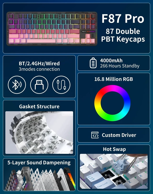 Alt view image 2 of 5 - Aula F87 Pro Wireless Mechanical Keyboard, 75% TKL Tri-Mode 8000mAh Battery