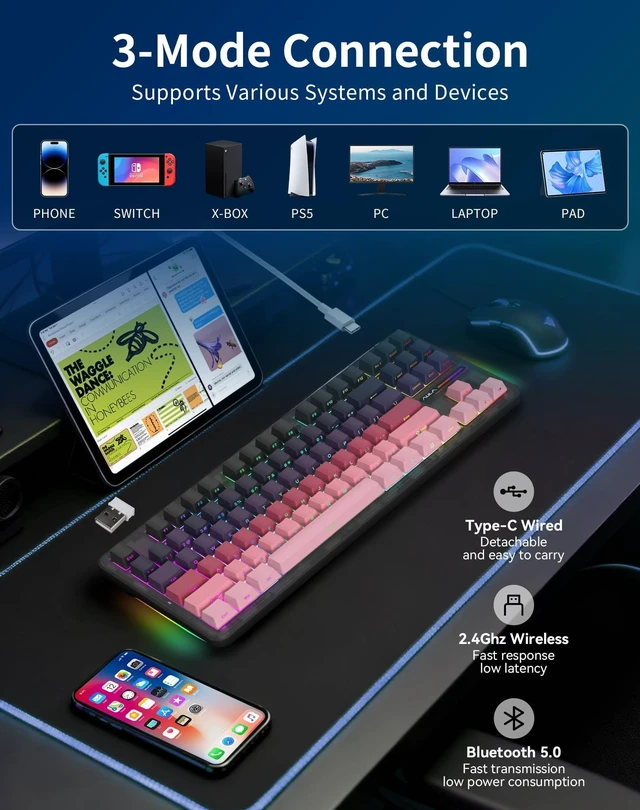 Alt view image 3 of 5 - Aula F87 Pro Wireless Mechanical Keyboard, 75% TKL Tri-Mode 8000mAh Battery