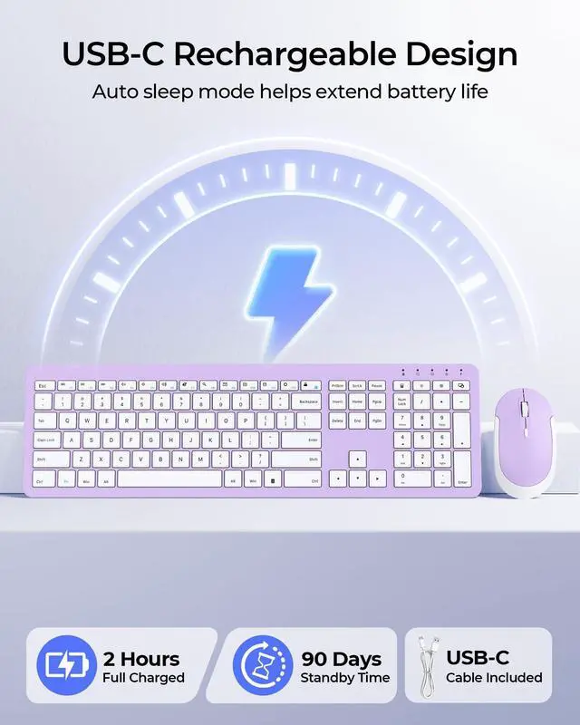 Alt view image 3 of 5 - seenda Wireless Keyboard and Mouse Combo, Rechargeable Quiet Keyboard Mouse, Sleek and Ultra Thin Design, Full-Size with Number Pad for Windows, Laptop, PC, Notebook, Desktop- Purple