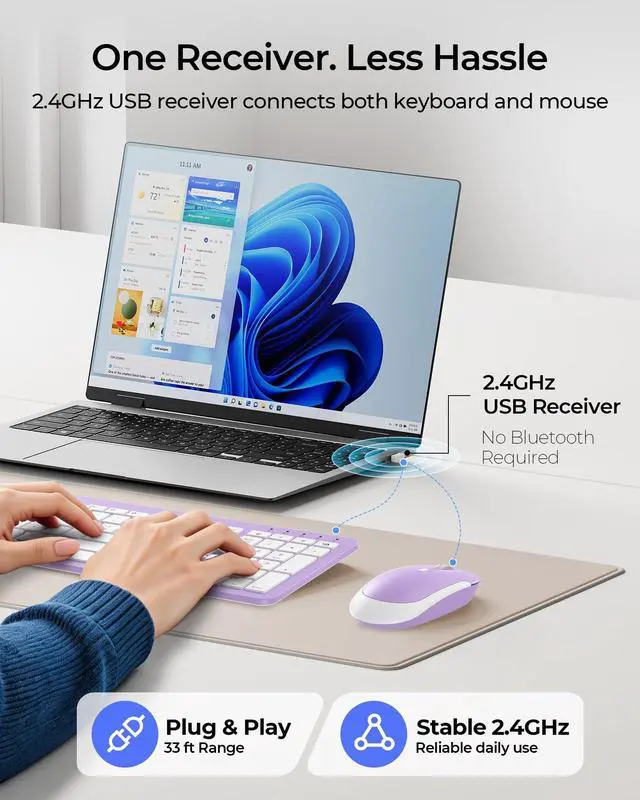 Alt view image 2 of 5 - seenda Wireless Keyboard and Mouse Combo, Rechargeable Quiet Keyboard Mouse, Sleek and Ultra Thin Design, Full-Size with Number Pad for Windows, Laptop, PC, Notebook, Desktop- Purple