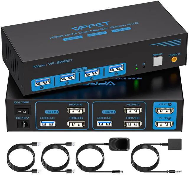 Main image of 8K HDMI KVM Switch 2 Monitors 2 Computers Dual Monitor Extended Display 8K@60Hz 4K@120Hz, 2-Port KVM Switches with 4-Port USB 3.0 Hub, Desktop Controller and 2 USB Cables