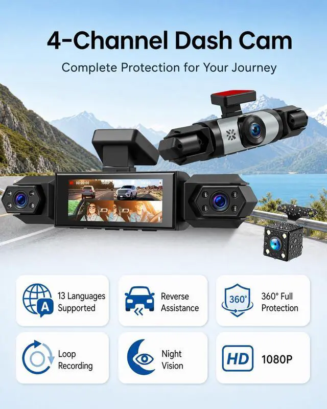 Alt view image 2 of 5 - 4 Channel 360 Dash Cam, 1080P FHD Front and Rear Camera for Cars, 8 Non-Glare Night Vision Lights, Loop Recording, Reverse Assistance, 3.16" IPS Screen, Interior Monitoring