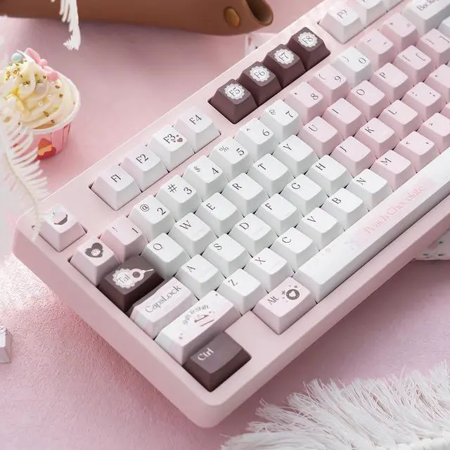 Alt view image 3 of 5 - TIMSEKER Cute Pink Keycap Set - PBT Cherry Profile, Dye Sub, Kawaii White and Brown Chocolate Key Caps for Mechanical Keyboards, 130 Keys