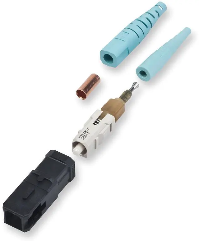 Alt view image 2 of 2 - Corning 95-050-41-X Pack of 25 UniCam SC Connectors, 50 Micron Multimode, OM3/OM4 Compatible, Field-installable, No-Epoxy No-Polish, High Performance Fiber Optic Connector, Aqua Boot, Black Housing