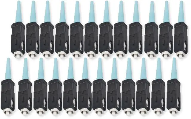 Main image of Corning 95-050-41-X Pack of 25 UniCam SC Connectors, 50 Micron Multimode, OM3/OM4 Compatible, Field-installable, No-Epoxy No-Polish, High Performance Fiber Optic Connector, Aqua Boot, Black Housing