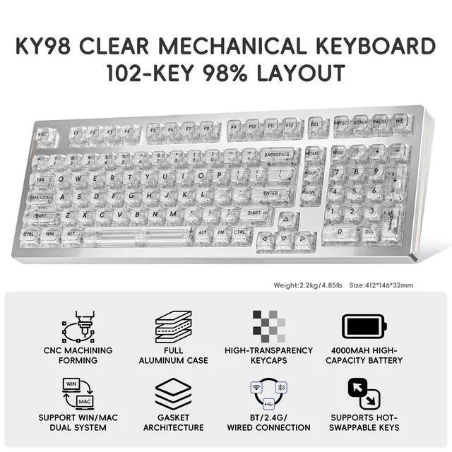 Alt view image 2 of 5 - kutethy KY98 Wireless Mechanical Keyboard with Transparent Keycaps,Full Aluminum CNC,Hot-swappable,Pre-lubed Clicky Switches,Gasket Structure,RGB Backlit,BT5.0/2.4G/USB-C Wired (Silver)